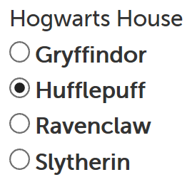 Radio button example rendered, Hufflepuff selected as default
