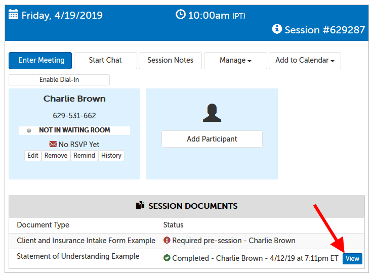 Example of a meeting panel, where there are 2 documents listed in the Session Documents section. One required pre-session not filled out yet, and 1 marked completed with an arrow pointing to the "View" button