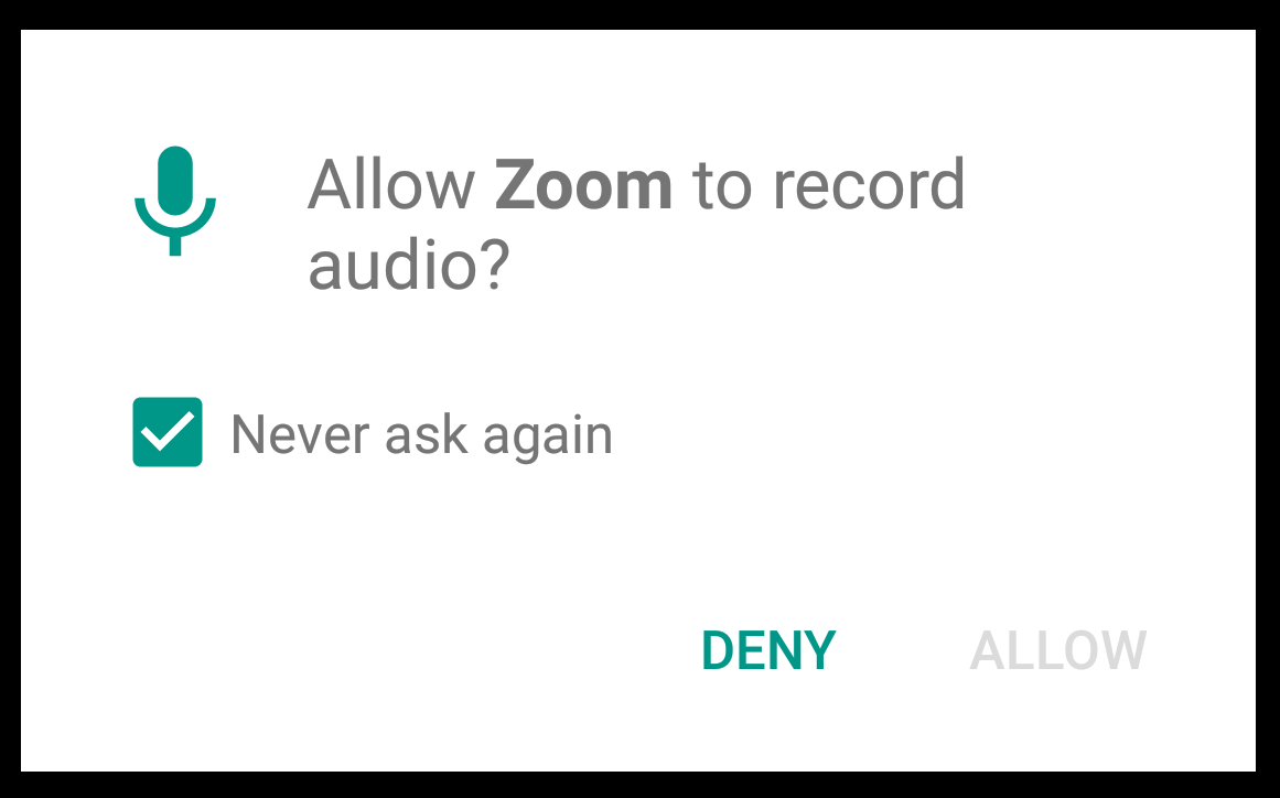 Allow Zoom to record audio? Never ask again checked