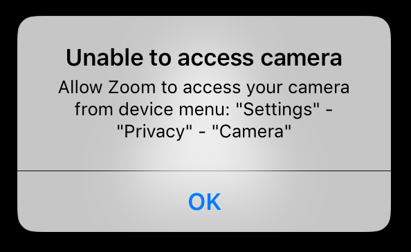 Unable to access camera - Allow Zoom to access your camera from device menu: 'Settings' - 'Zoom' - 'Privacy' - 'Camera'