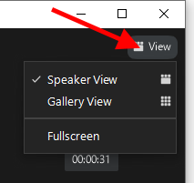Arrow pointing at View button, showing Speaker View currently selected