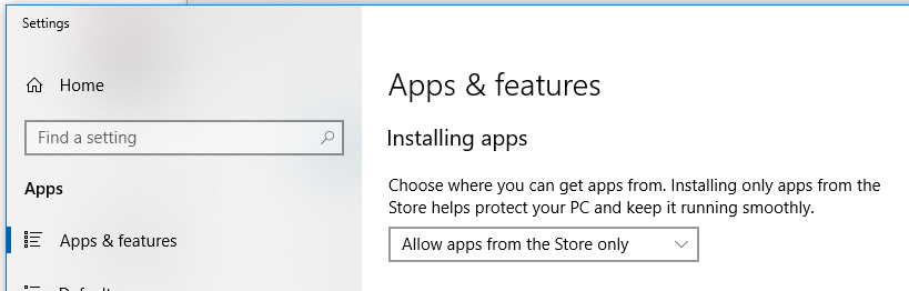 Installing apps: Choose where you can get apps from. Installing only apps from the Store helps protect your PC and keep it running smoothly. Selected: Allow apps from the Store only