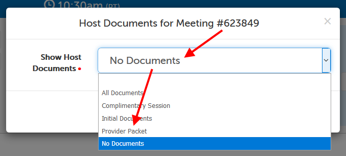 "Show Host Documents" field, arrow pointing at "No Documents" (current selection) and then "Provider Packet" (new selection)