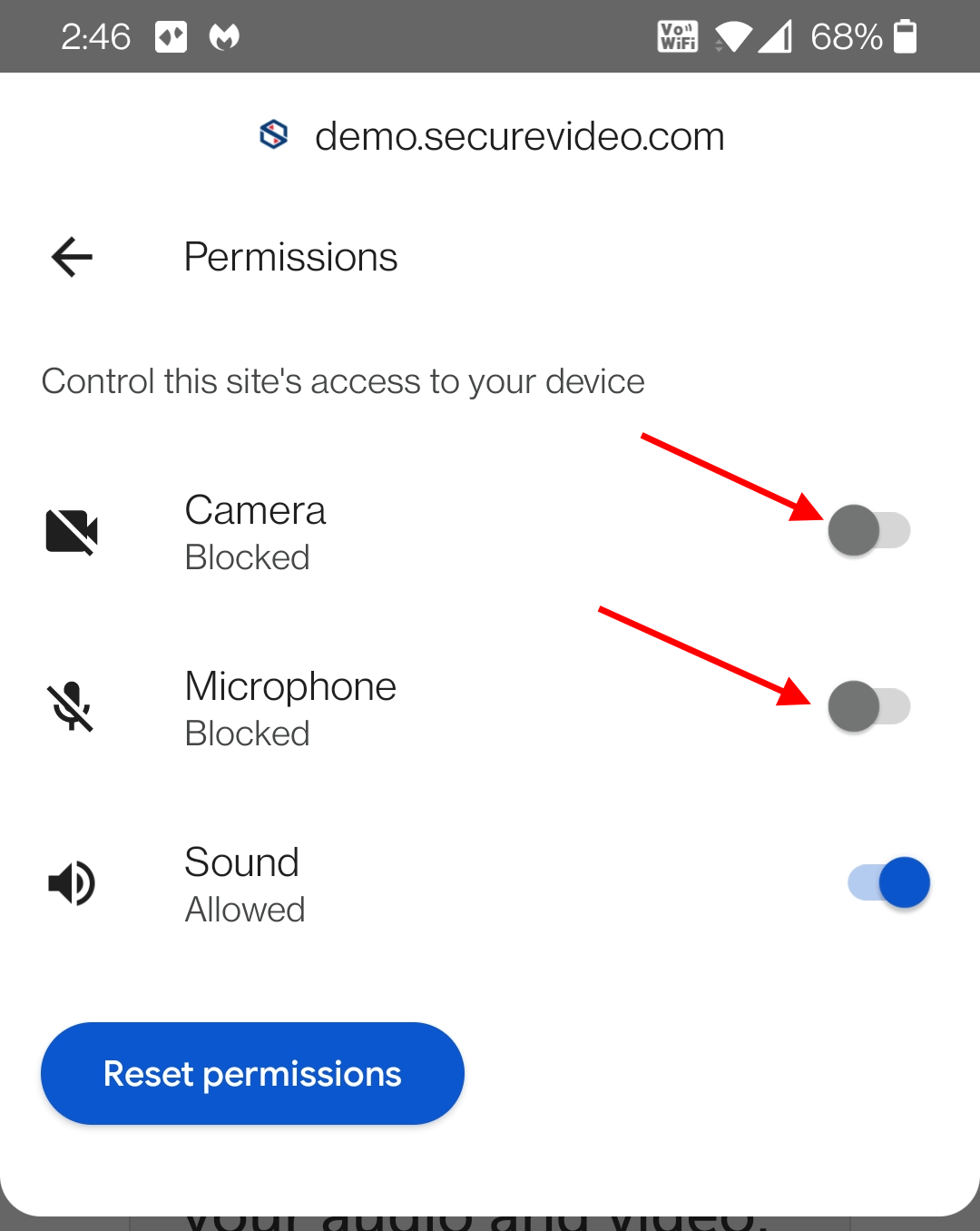 Arrows pointing at the grayed out toggles for camera and microphone permission